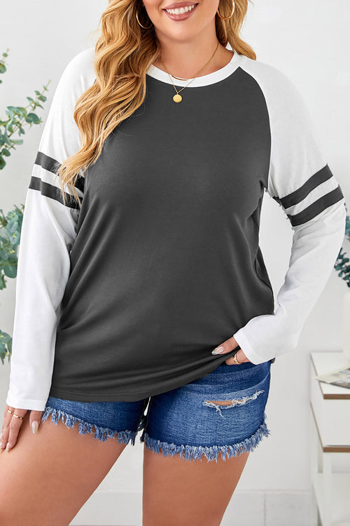 Gray Crewneck Striped Splicing Sleeve Patchwork Plus Size Top