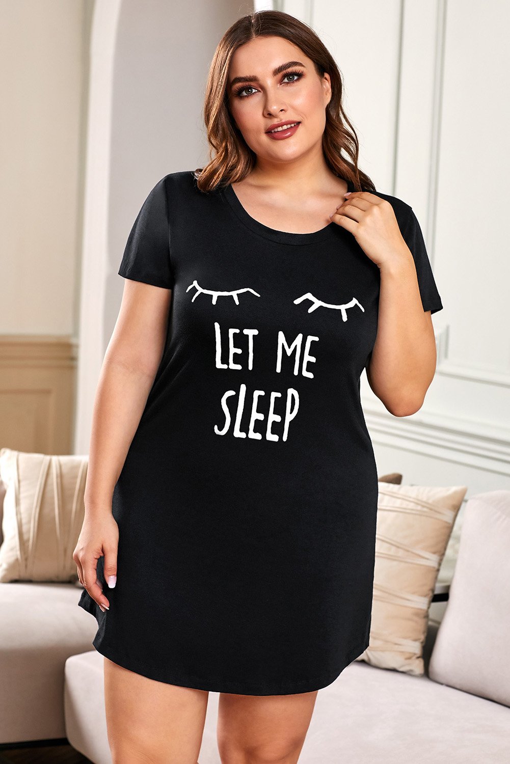 Plus Size LET ME SLEEP Graphic Print Red Nightwear Mini Dress