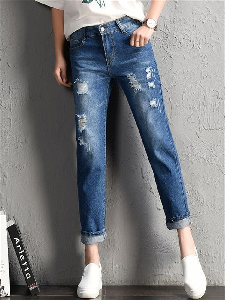 2022 New Women Fashion Mid Waist Boyfriend Big Ripped Hole Jeans