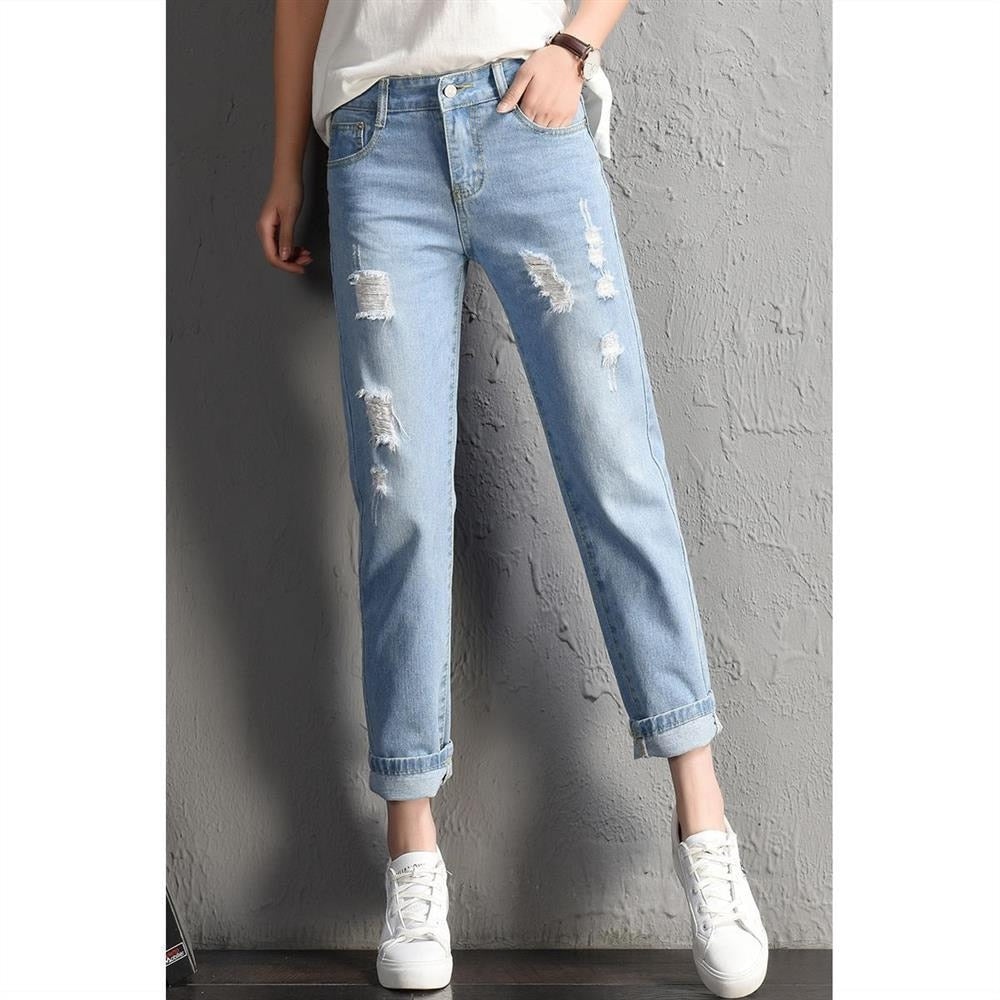 2022 New Women Fashion Mid Waist Boyfriend Big Ripped Hole Jeans