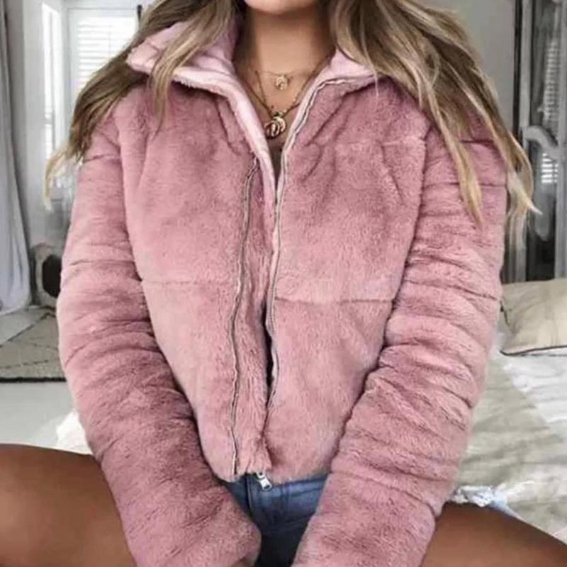 Turndown collar faux fur jackets Women long sleeve zipper