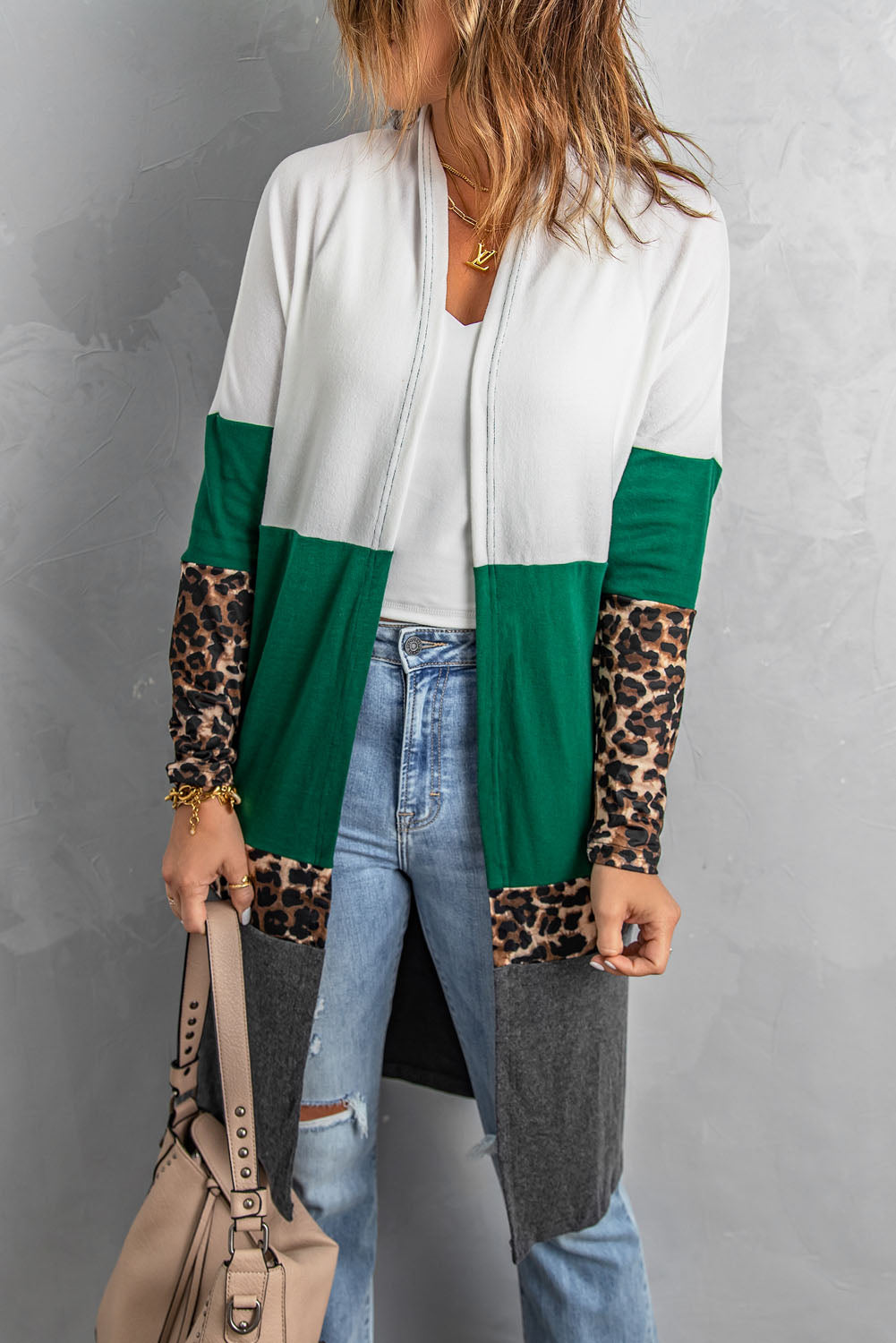 Colorblock Leopard Print Patchwork Knit Cardigan