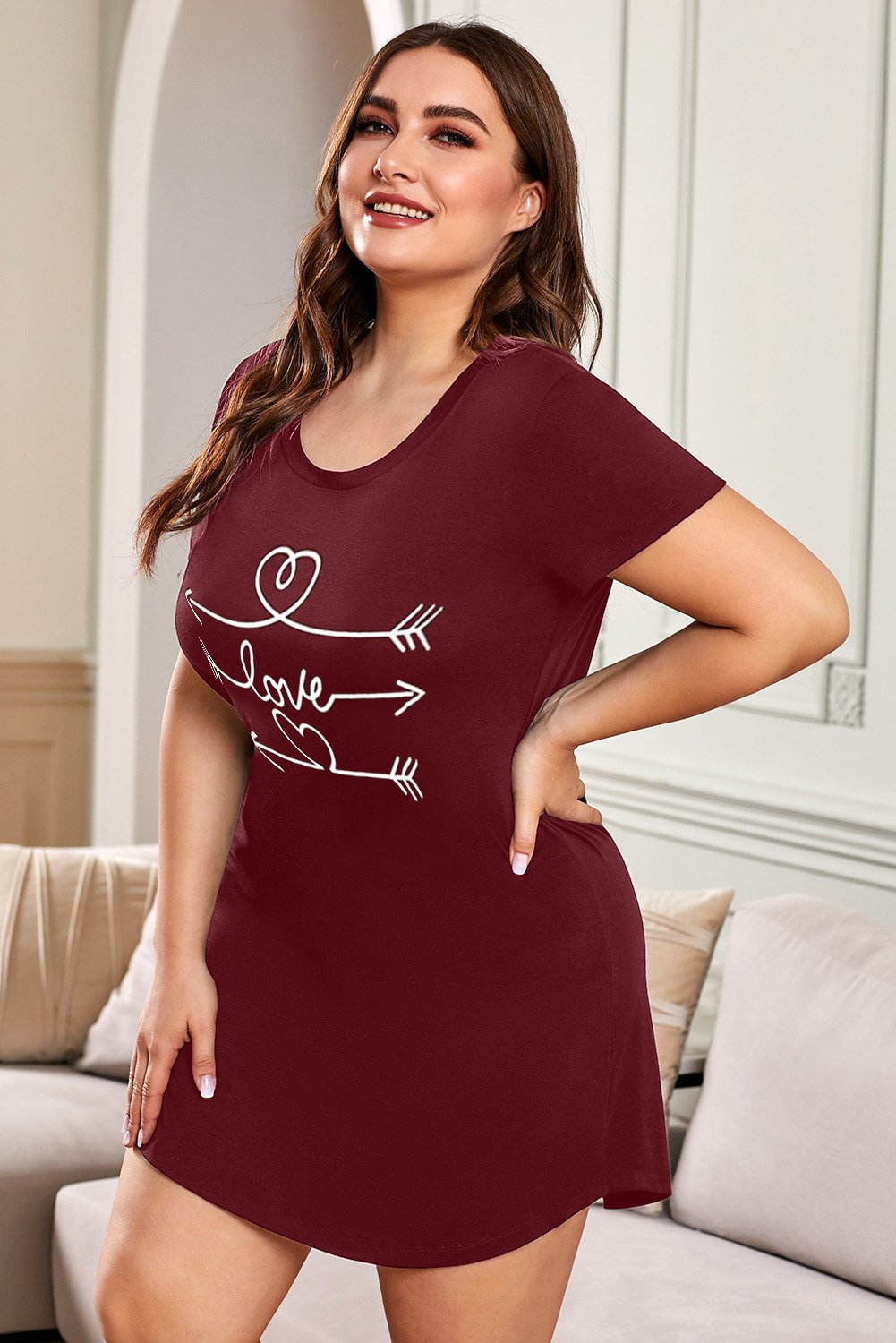 Plus Size LET ME SLEEP Graphic Print Red Nightwear Mini Dress