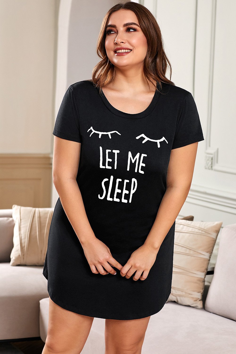 Plus Size LET ME SLEEP Graphic Print Red Nightwear Mini Dress