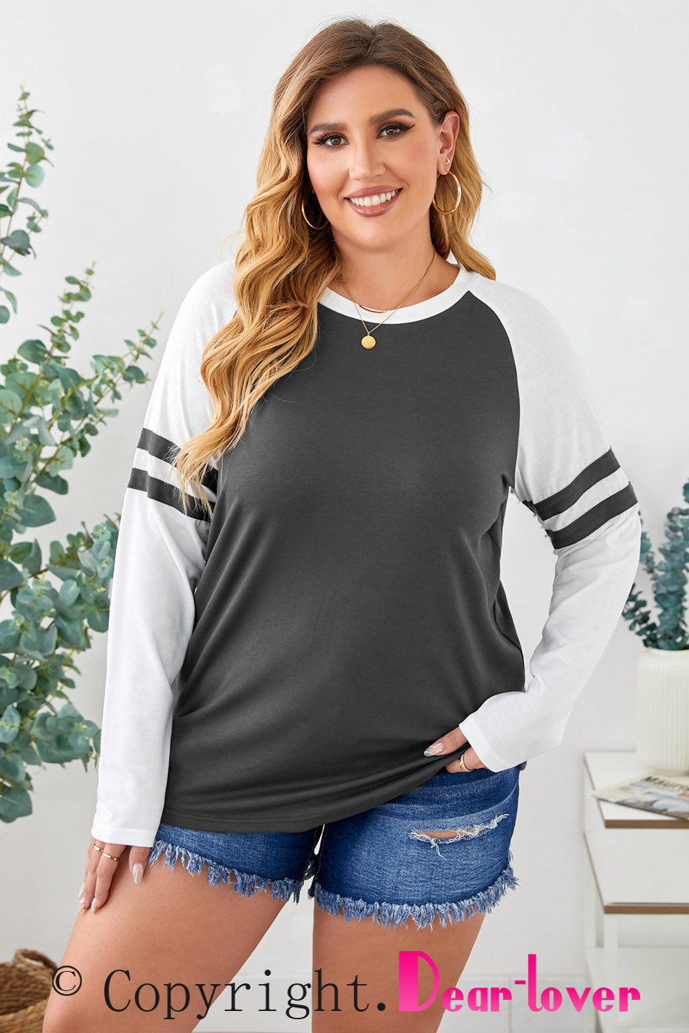 Gray Crewneck Striped Splicing Sleeve Patchwork Plus Size Top