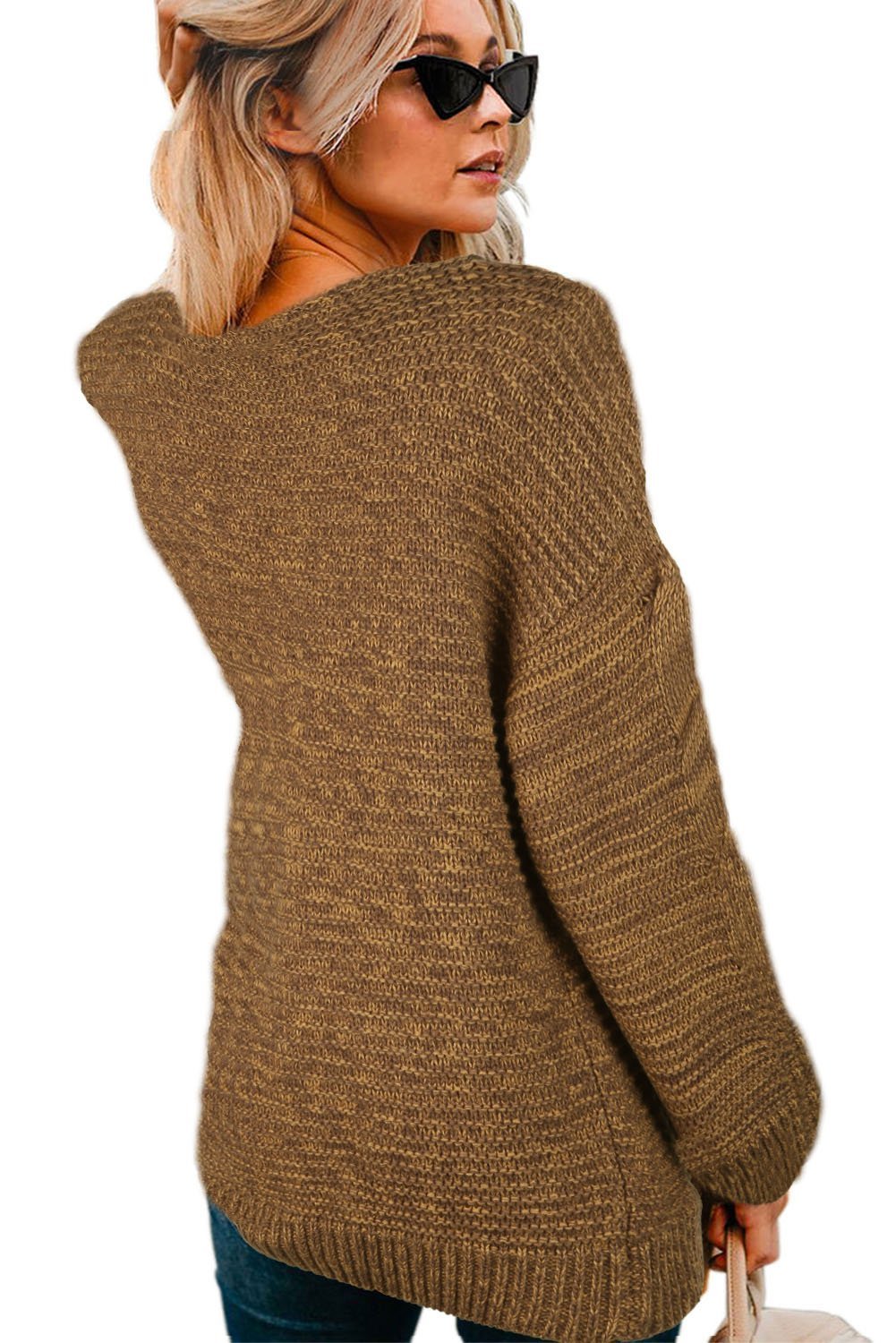 Casual Brown Chunky Wide Long Sleeve Knit Cardigan