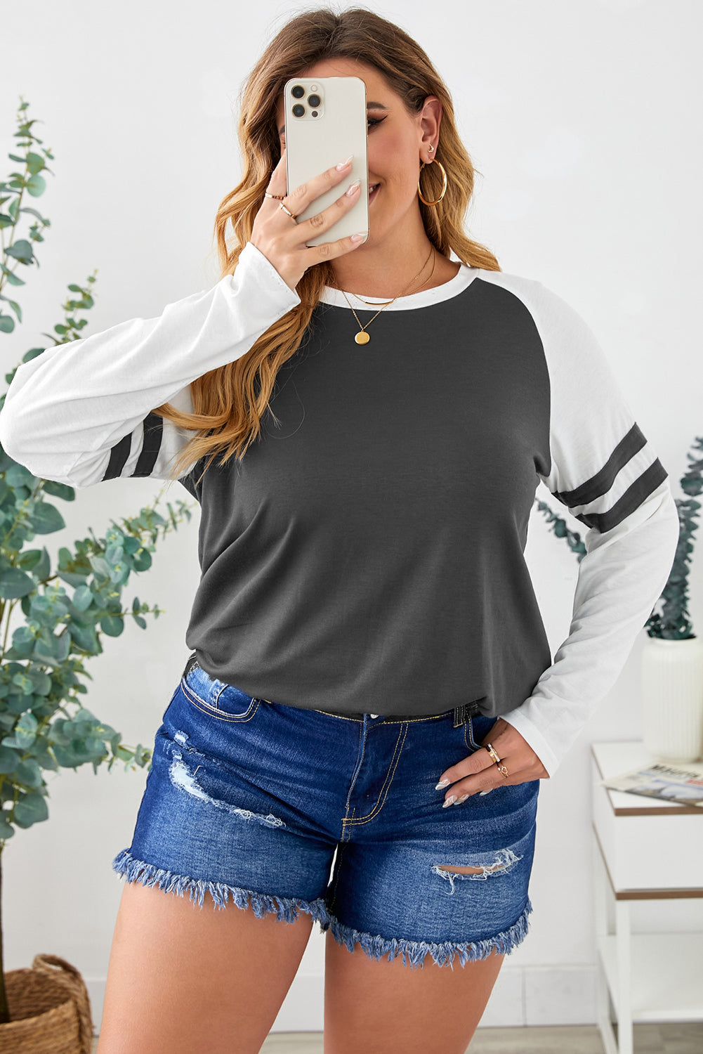 Gray Crewneck Striped Splicing Sleeve Patchwork Plus Size Top