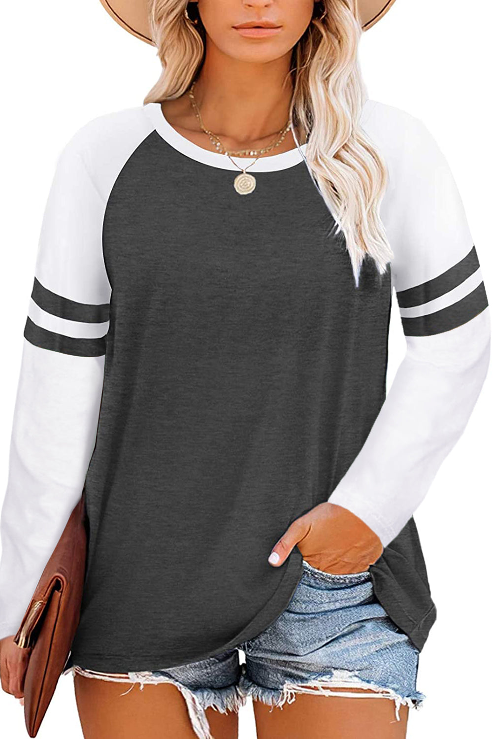 Gray Crewneck Striped Splicing Sleeve Patchwork Plus Size Top