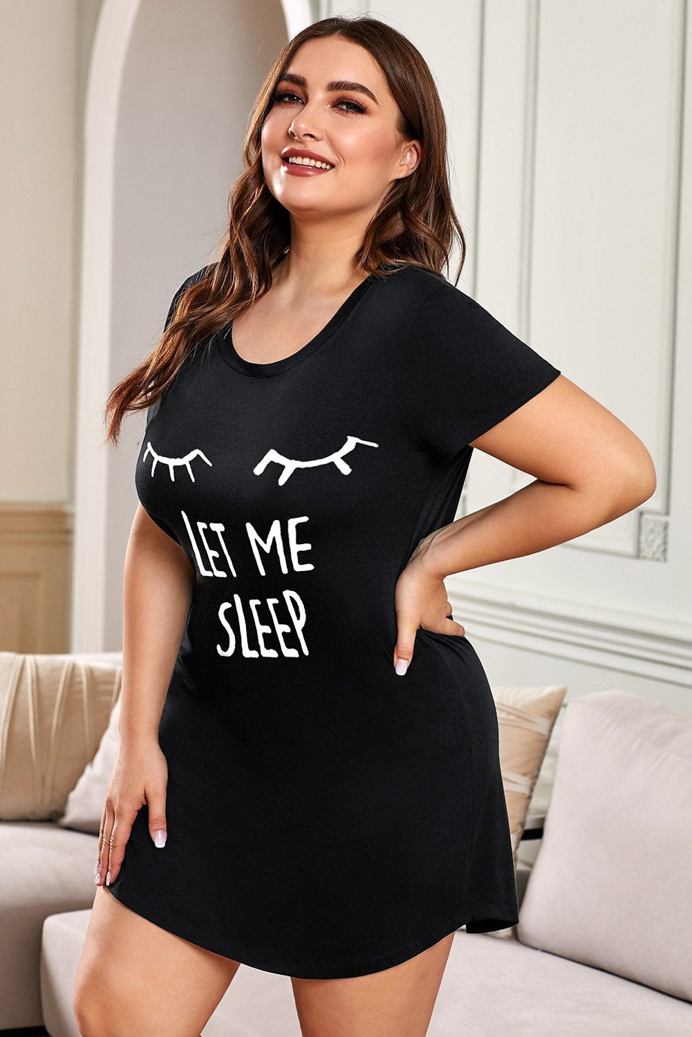 Plus Size LET ME SLEEP Graphic Print Red Nightwear Mini Dress