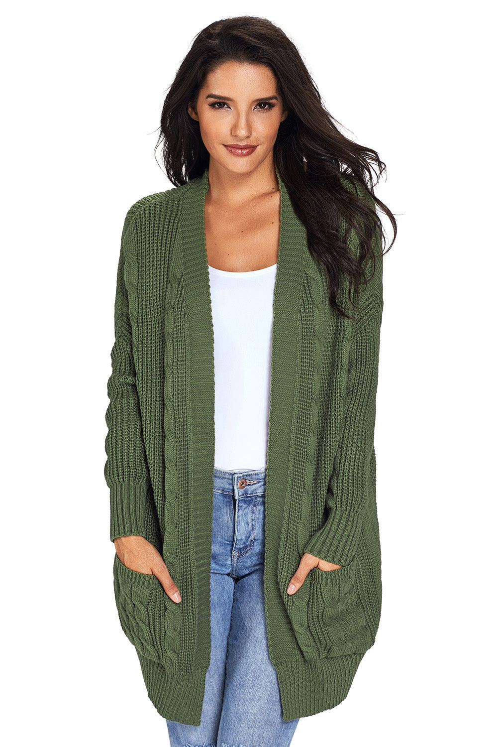 Army Green Knit Texture Long Sleeve Cardigan with pockets