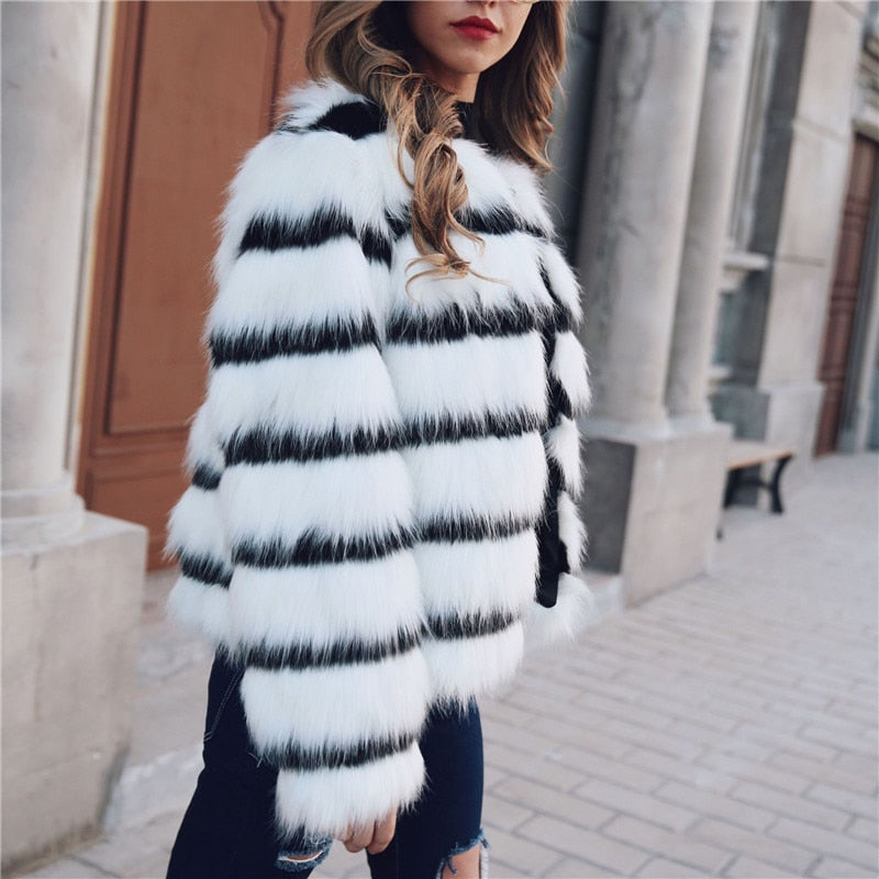 Winter Black and white striped faux fur coat fur coats Women Elegant