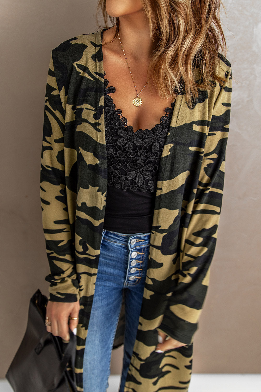 Fashion Green Camo Print Long Cardigan