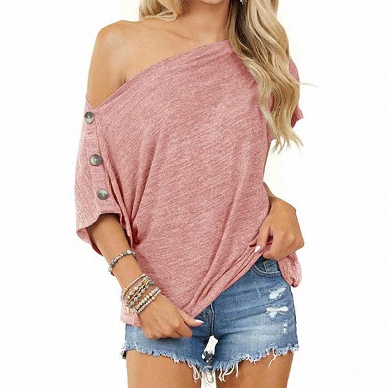 2021   New Women Tops off-Shoulder Button Short Sleeve T-shirt for