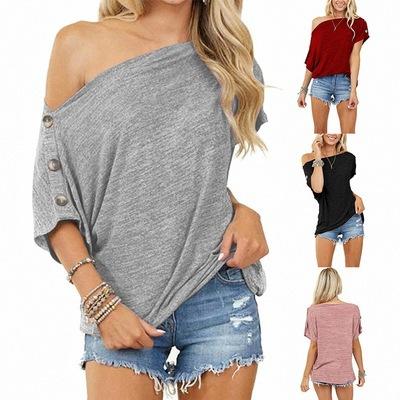 2021   New Women Tops off-Shoulder Button Short Sleeve T-shirt for