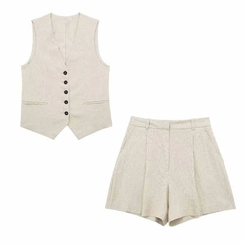 TRAF Women Elegant Solid Waistcoat Shorts Set 2024 Sleeveless Vest