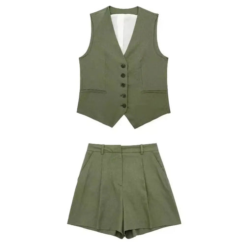 TRAF Women Elegant Solid Waistcoat Shorts Set 2024 Sleeveless Vest