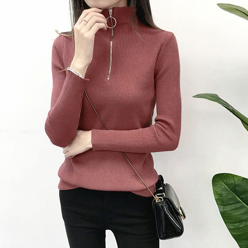 Solid Zipper Turtleneck Knitted Women Sweaters And