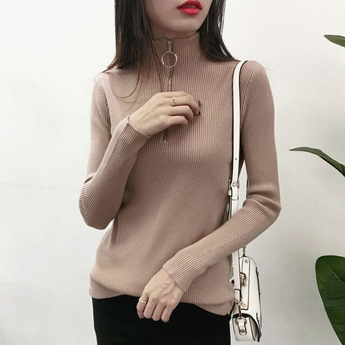 Solid Zipper Turtleneck Knitted Women Sweaters And