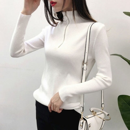 Solid Zipper Turtleneck Knitted Women Sweaters And