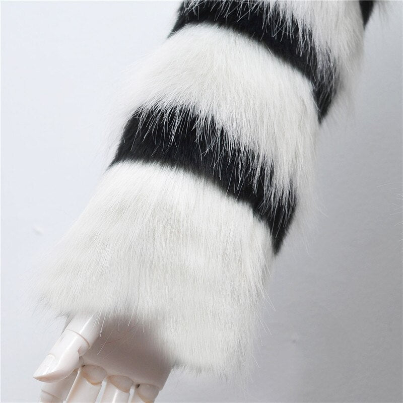 Winter Black and white striped faux fur coat fur coats Women Elegant