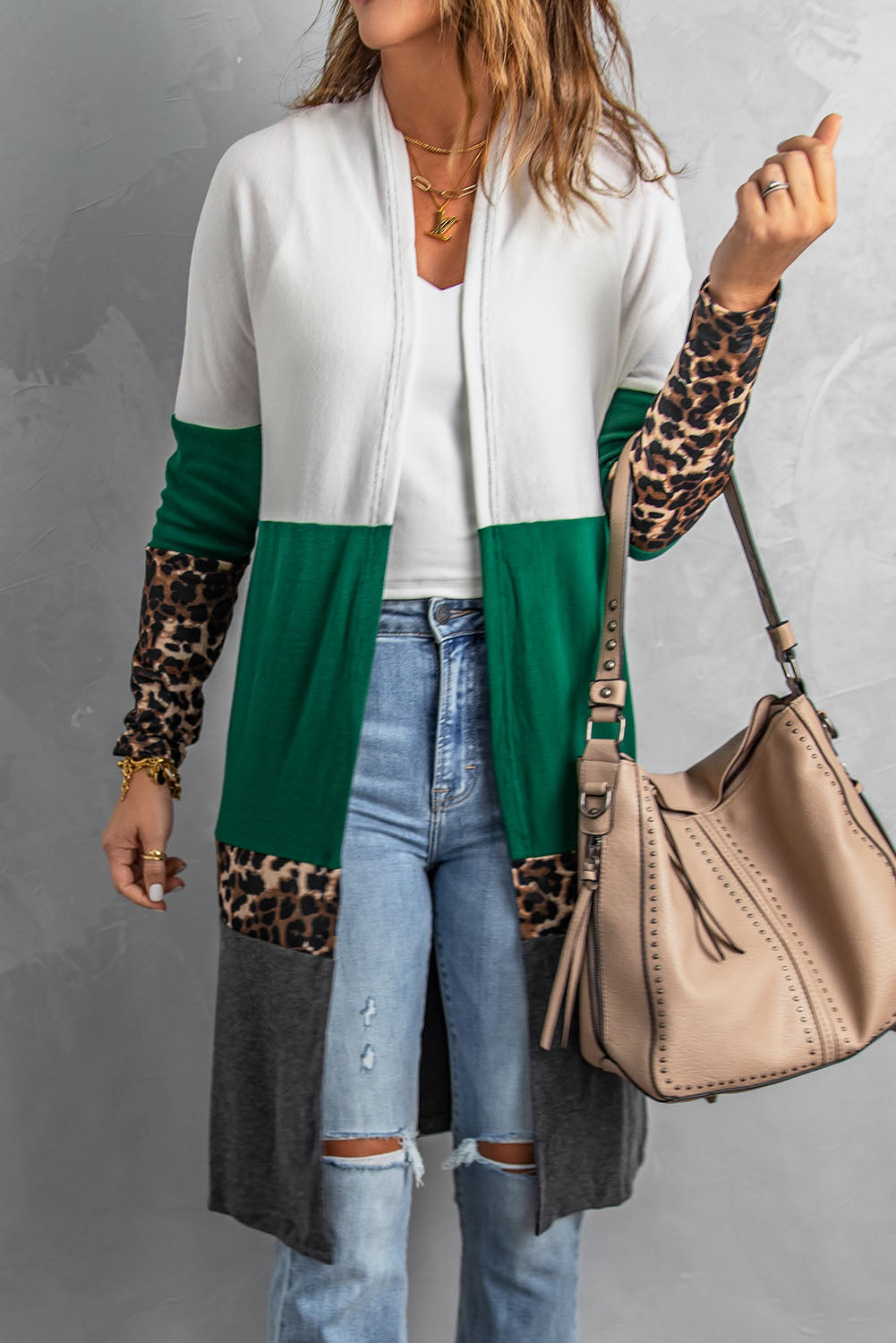 Colorblock Leopard Print Patchwork Knit Cardigan