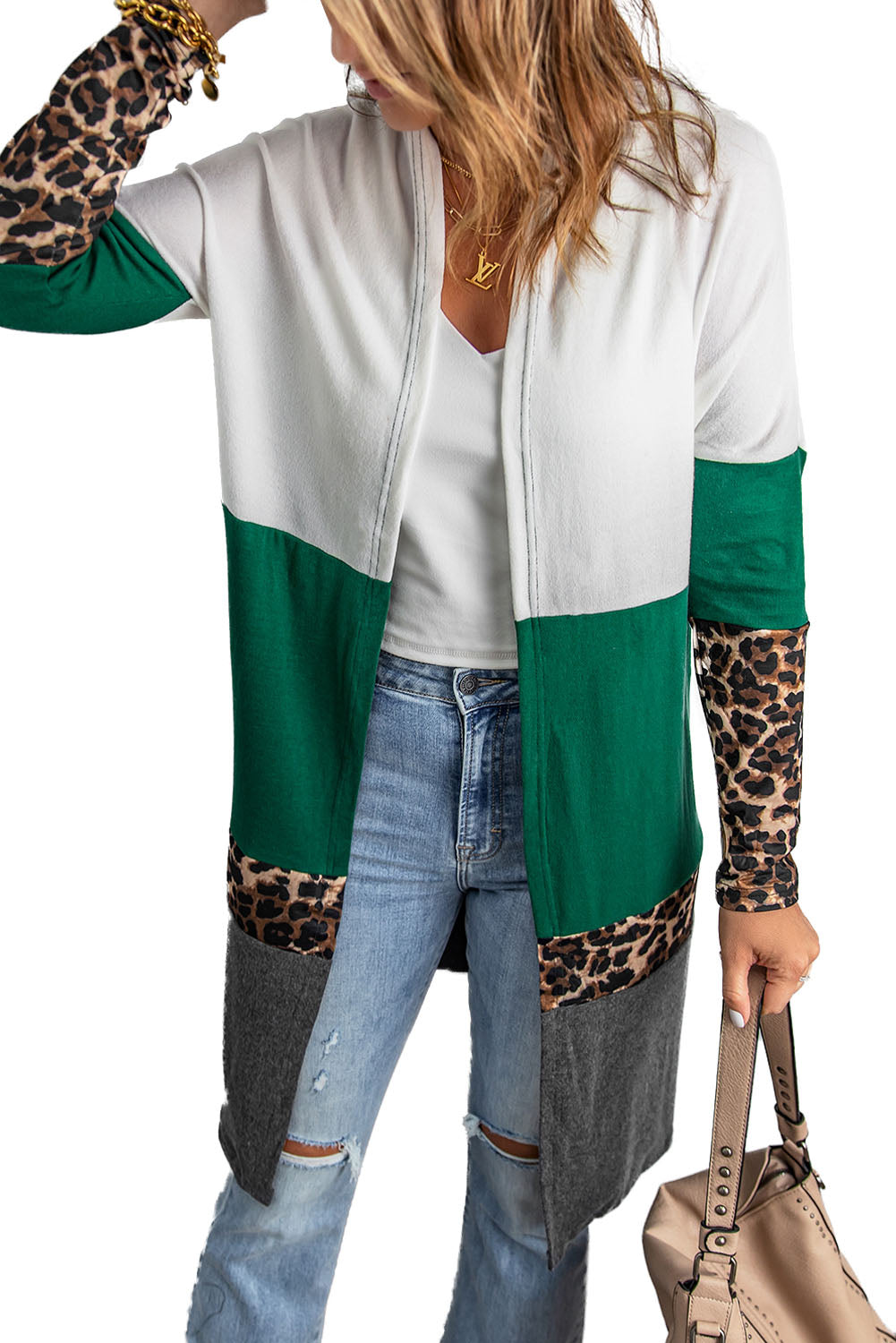 Colorblock Leopard Print Patchwork Knit Cardigan