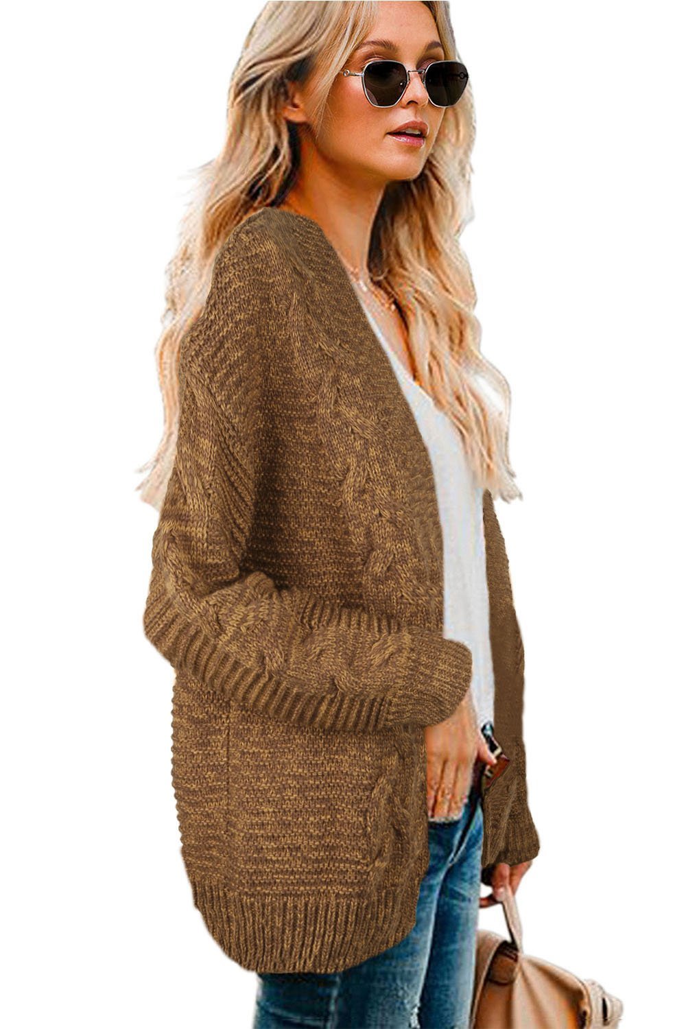 Casual Brown Chunky Wide Long Sleeve Knit Cardigan