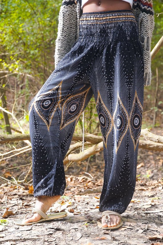 Black PEACOCK Women Boho Pants Hippie Pants Yoga Pants