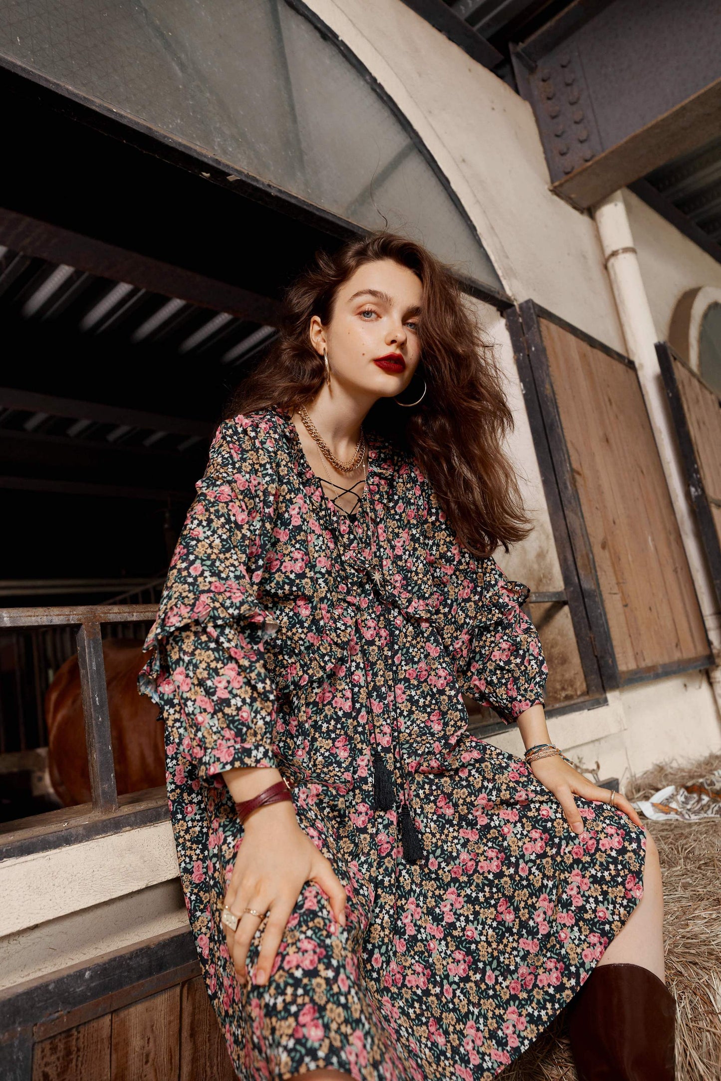 Floral Print High Waist Casual Vintage Chiffon Dresses Women,Autumn