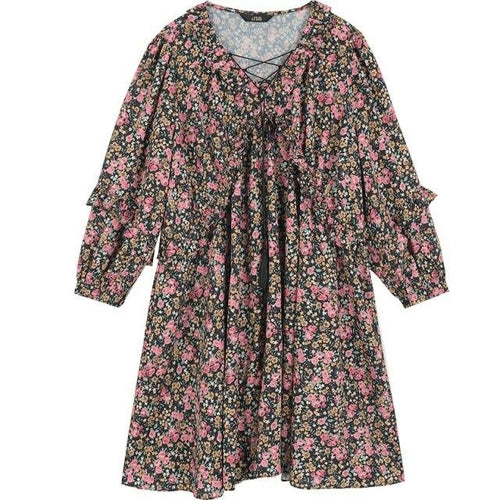 Floral Print High Waist Casual Vintage Chiffon Dresses Women,Autumn