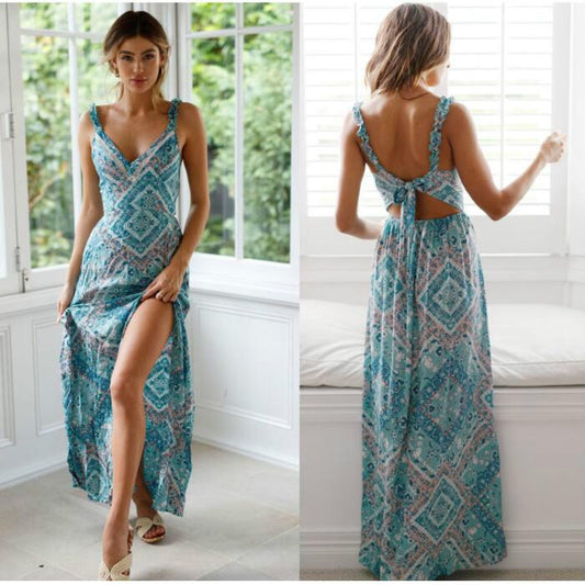 Designer Women Sexy Backless Dress Bohemian Floral Print Long Dresses