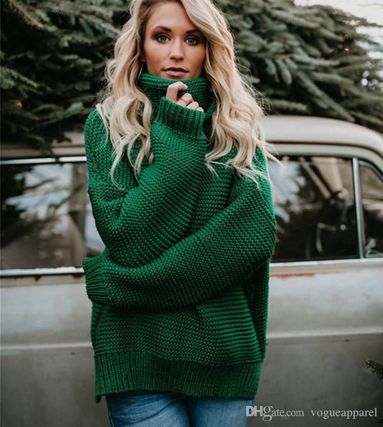 2018 Women Fashion Clothing Turtle Neck Sweaters Green Ginger High